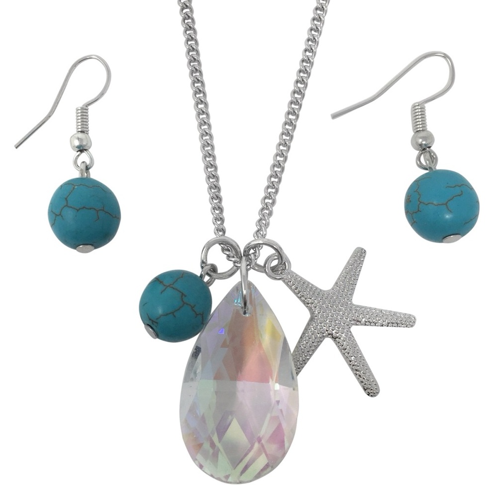 AB Glass Teardrop Turquoise Bead Starfish Charm Small Necklace Earrings Set